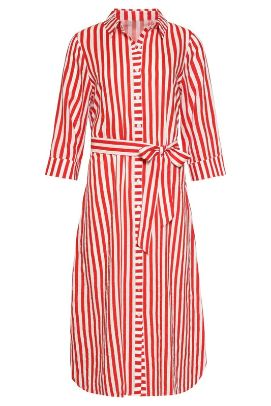 Vestido largo a rayas con cinturilla | Rojo - Blanco