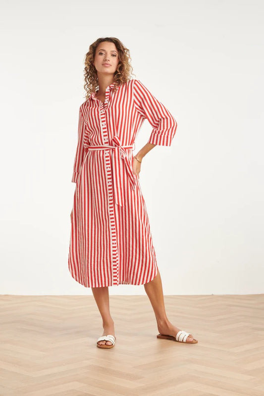 Vestido largo a rayas con cinturilla | Rojo - Blanco