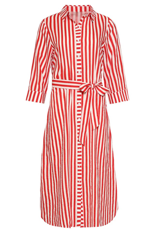 Vestido largo a rayas con cinturilla | Rojo - Blanco