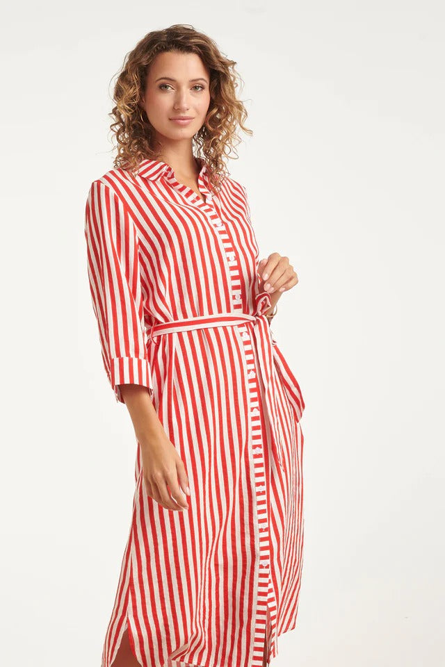 Vestido largo a rayas con cinturilla | Rojo - Blanco
