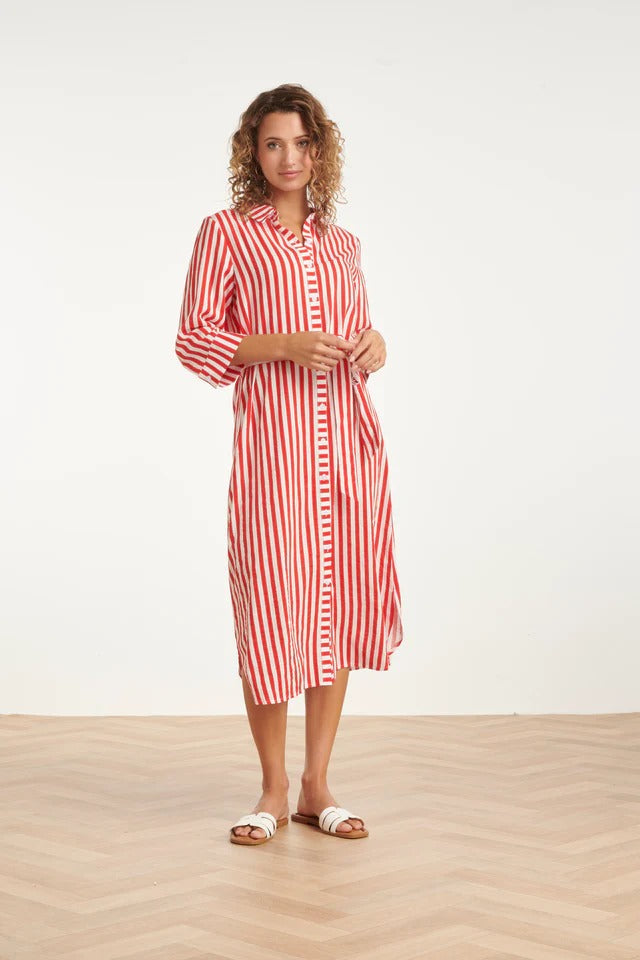 Vestido largo a rayas con cinturilla | Rojo - Blanco