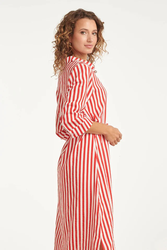 Vestido largo a rayas con cinturilla | Rojo - Blanco