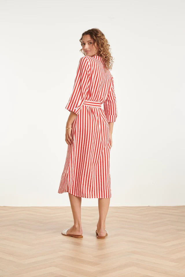 Vestido largo a rayas con cinturilla | Rojo - Blanco