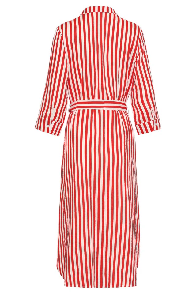 Vestido largo a rayas con cinturilla | Rojo - Blanco